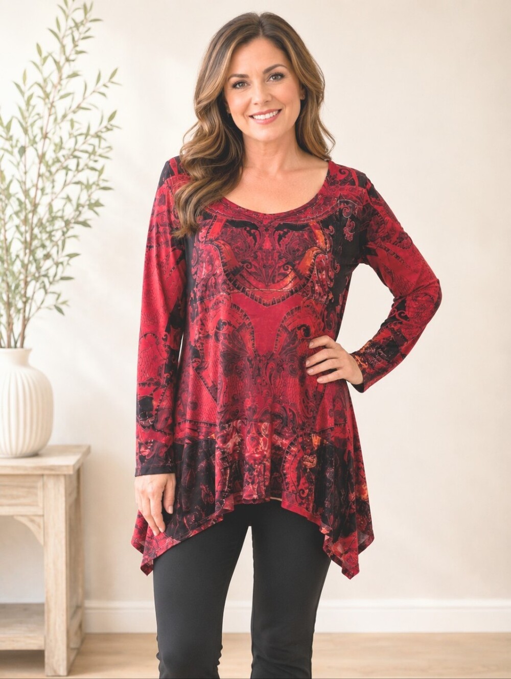 OneWorld Women's Large Red Black Paisley Asymmetrical Tunic Top Long Sleeve